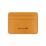 Gold leather Half Wallet with decorative perforation and etched Woolly Made logo.