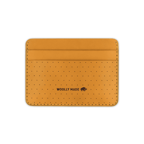 Gold leather Half Wallet with decorative perforation and etched Woolly Made logo.