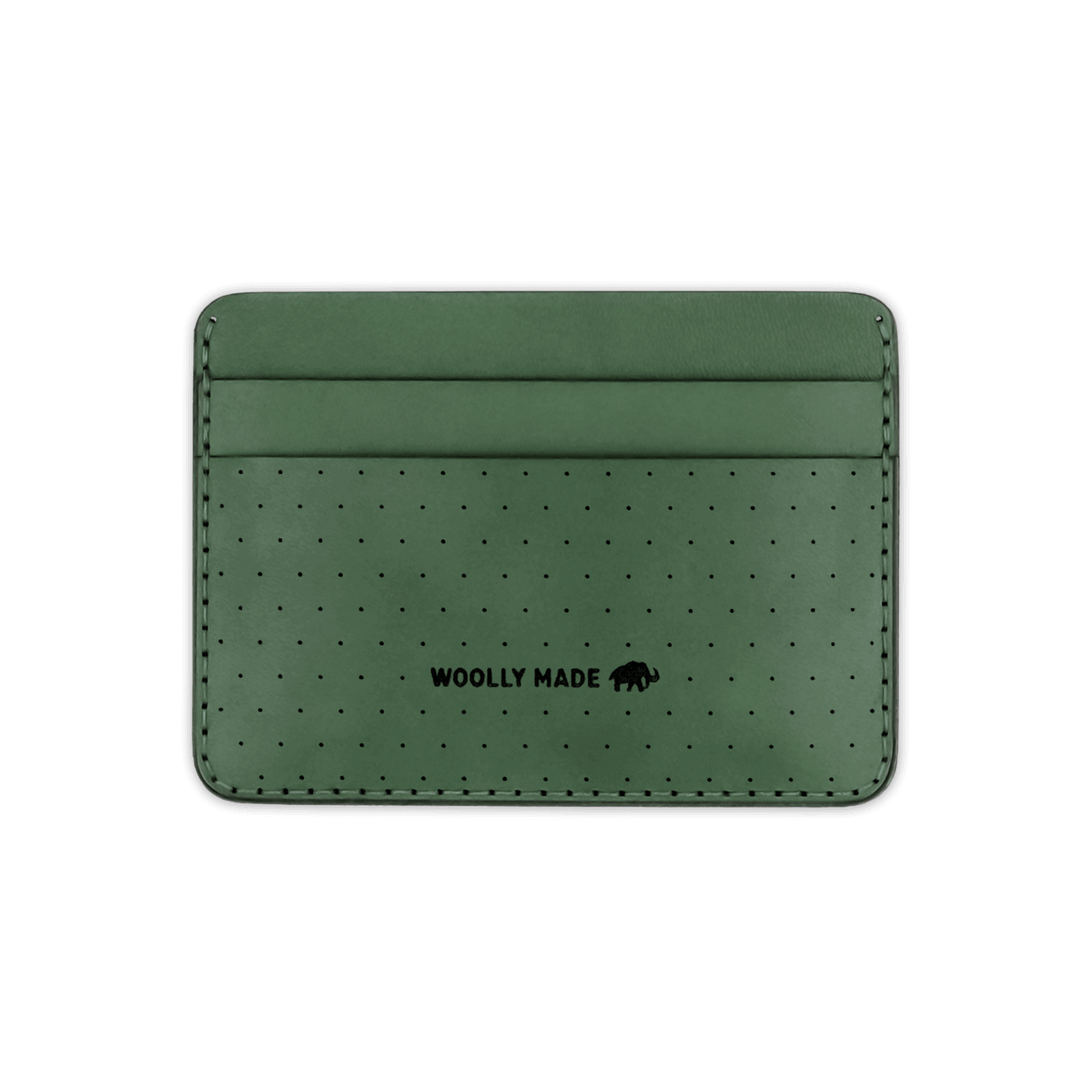 Green leather Half Wallet with decorative perforation and etched Woolly Made logo.