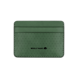 Green leather Half Wallet with decorative perforation and etched Woolly Made logo.