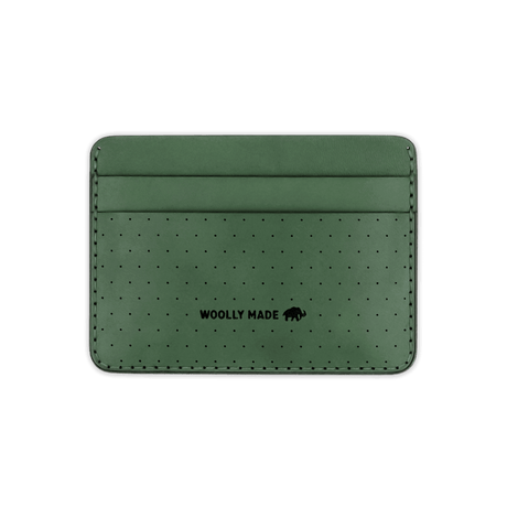 Green leather Half Wallet with decorative perforation and etched Woolly Made logo.