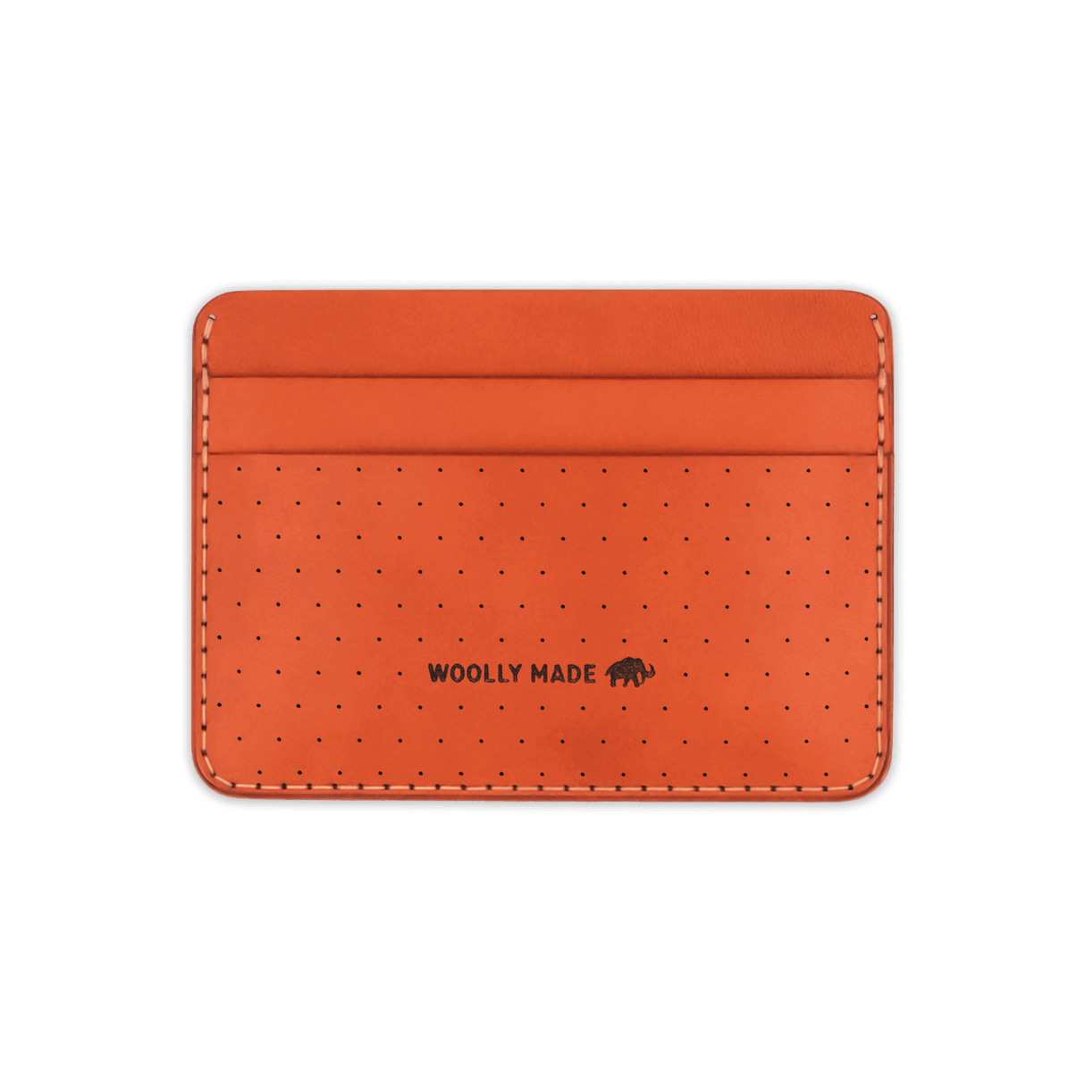 Orange leather Half Wallet with decorative perforation and etched Woolly Made logo.