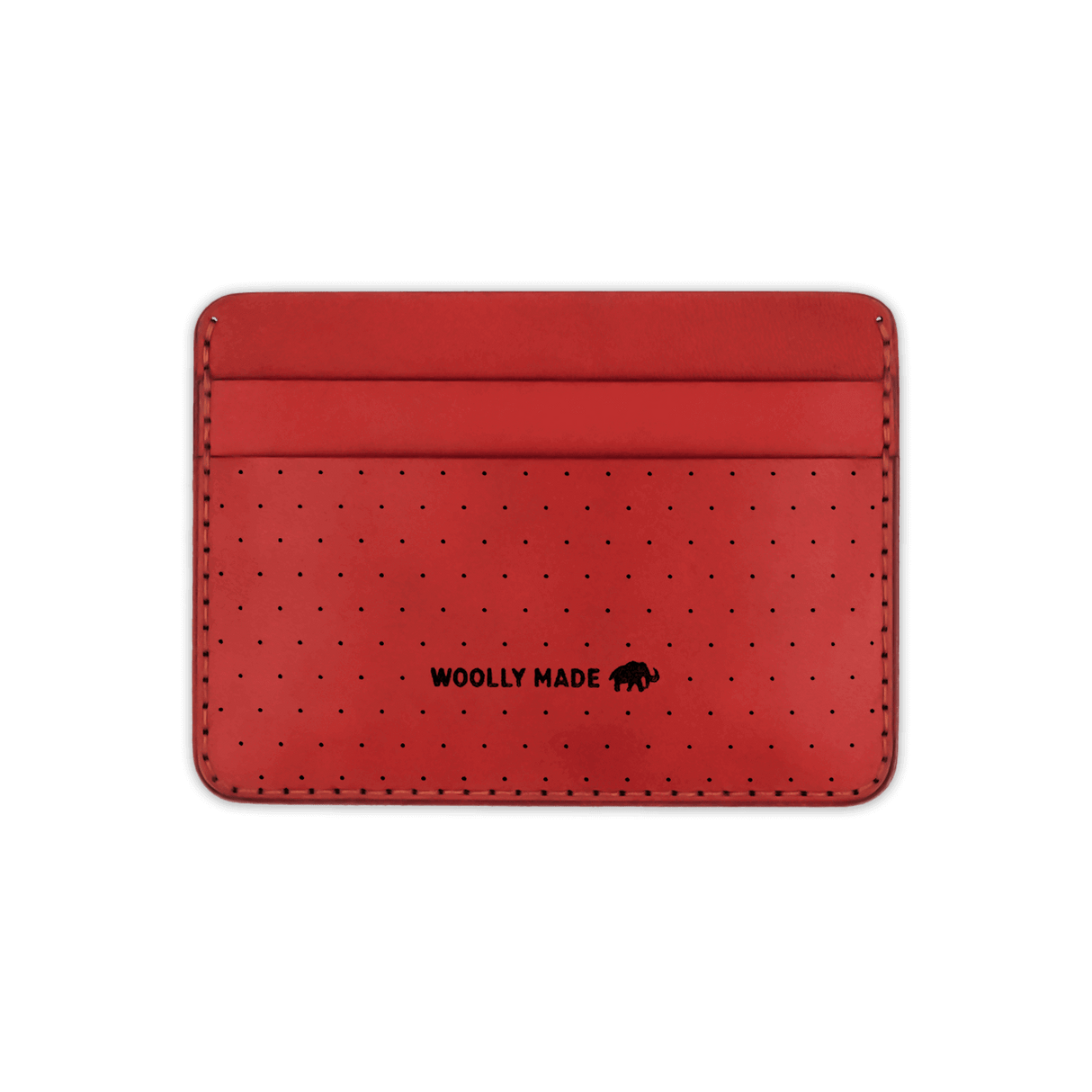 Red leather Half Wallet with decorative perforation and etched Woolly Made logo.