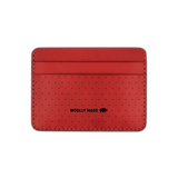 Red leather Half Wallet with decorative perforation and etched Woolly Made logo.