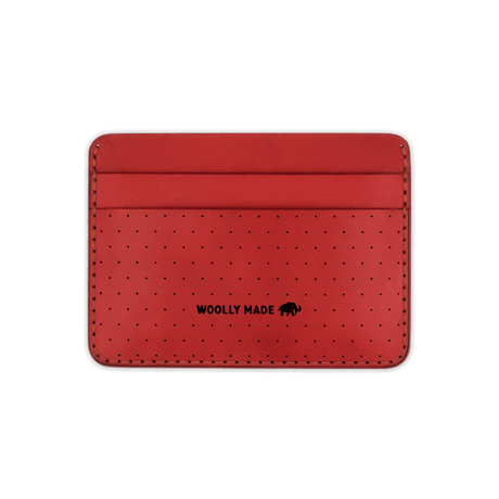 Red leather Half Wallet with decorative perforation and etched Woolly Made logo.