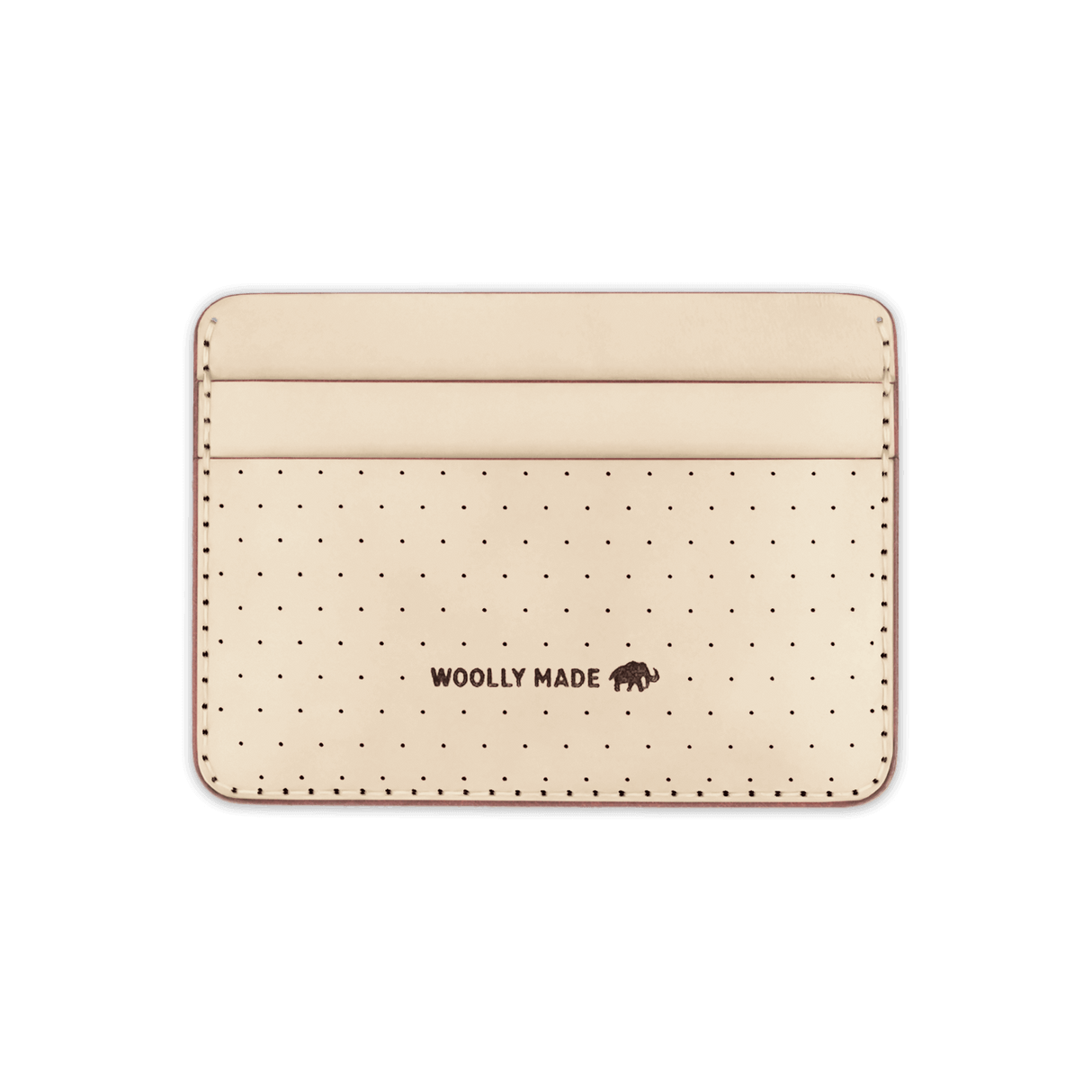 Tusk leather Half Wallet with decorative perforation and etched Woolly Made logo.