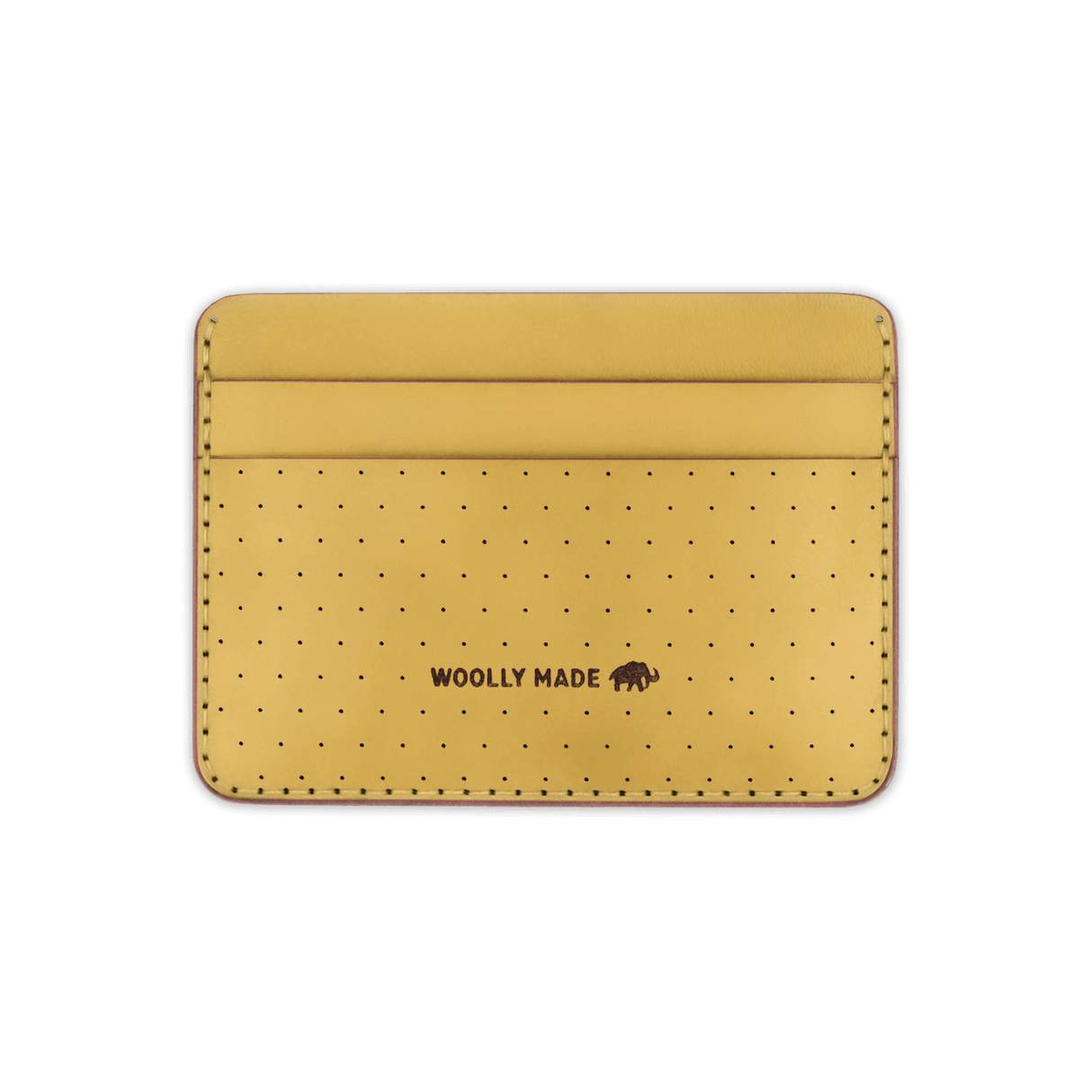 Yellow leather Half Wallet with decorative perforation and etched Woolly Made logo.