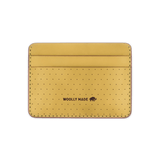 Yellow leather Half Wallet with decorative perforation and etched Woolly Made logo.