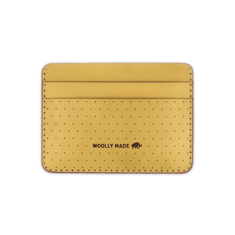 Yellow leather Half Wallet with decorative perforation and etched Woolly Made logo.