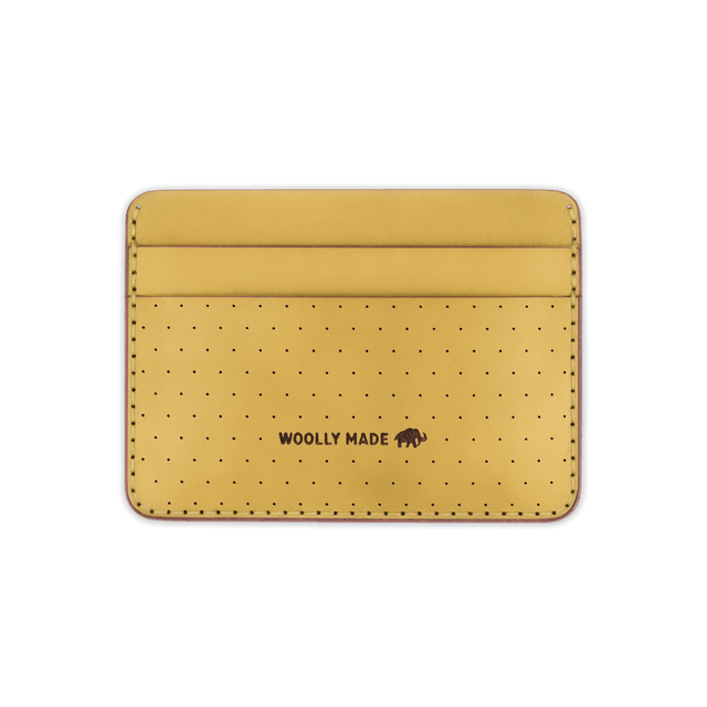 Yellow leather Half Wallet with decorative perforation and etched Woolly Made logo.