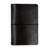 Black glazed leather Journal closed view with elastic strap.