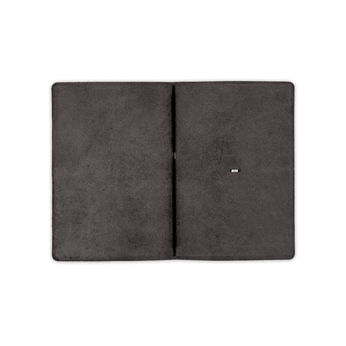 Black glazed leather Journal open view blank notebook with elastic strap.