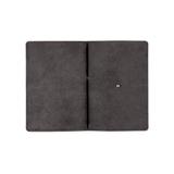 Black glazed leather Journal open view blank notebook with elastic strap.