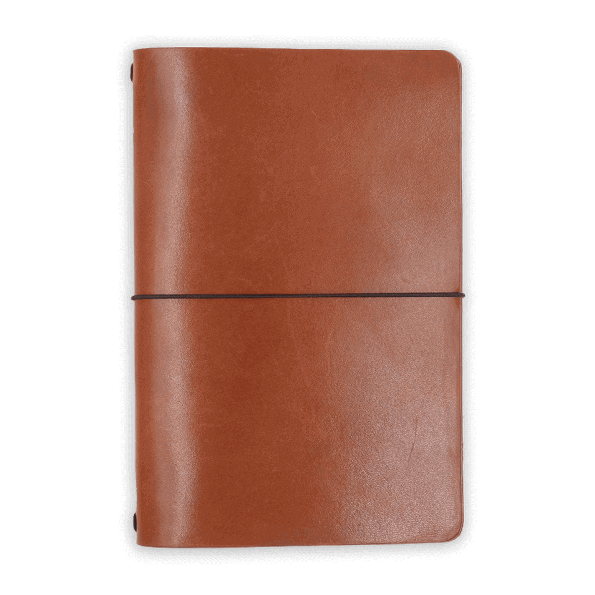 Brown glazed leather Journal closed view with elastic strap.