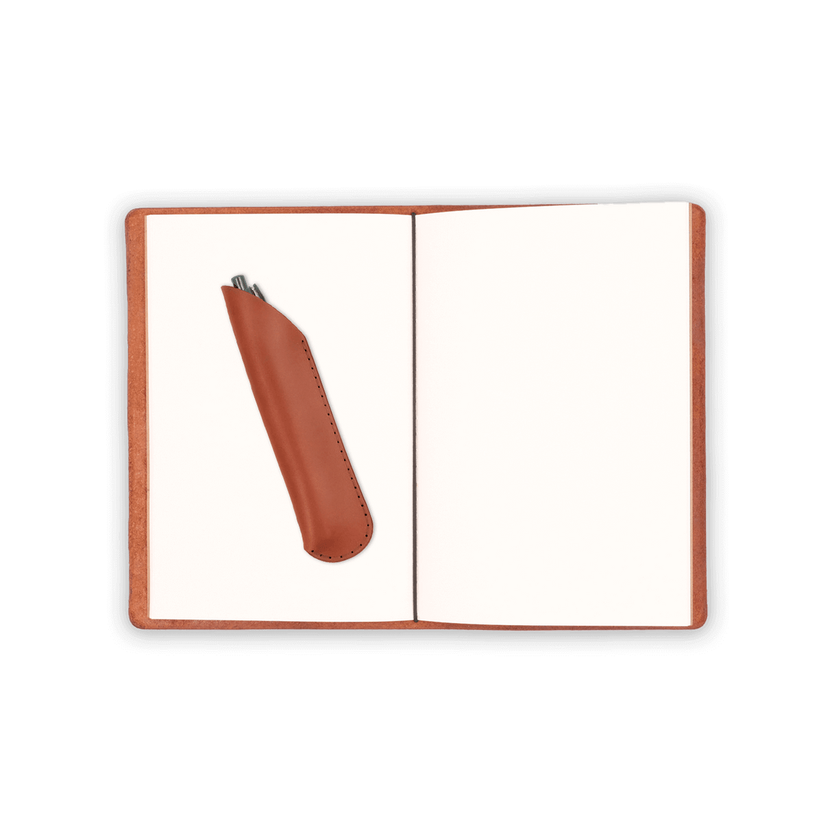 Brown glazed leather Journal, blank notebook, pen in brown leather pen sheath, and elastic strap.