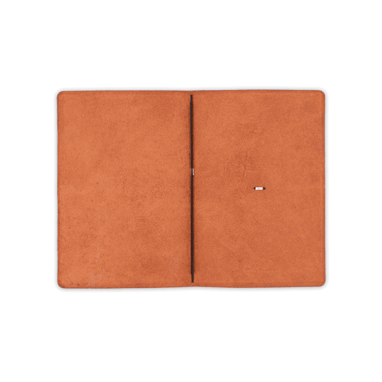 Brown glazed leather Journal open view blank notebook and elastic strap.