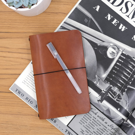 Woolly Made Journal in Brown on a vintage magazine.