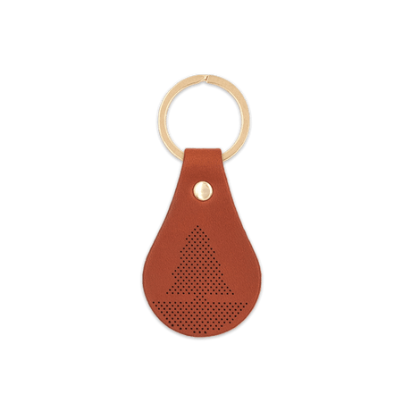 Keep Forests Green brown leather Tab Keychain, perforated fir tree design, brass hardware.