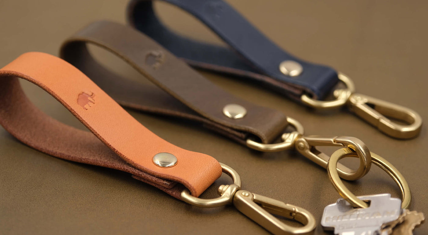Loop Keychains in tan, olive, and navy leather