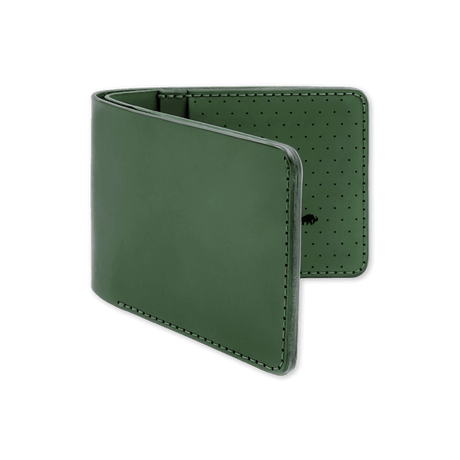 Green leather, decorative perforation and etched Woolly Made logo.