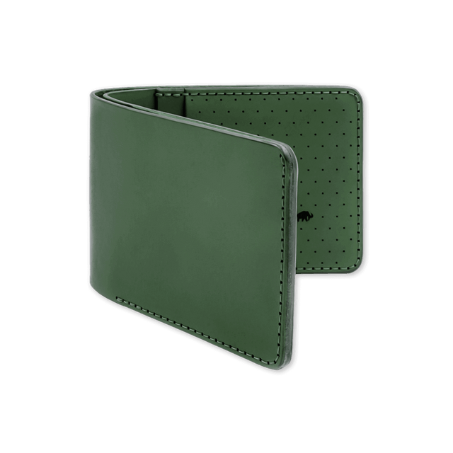 Green leather, decorative perforation and etched Woolly Made logo.