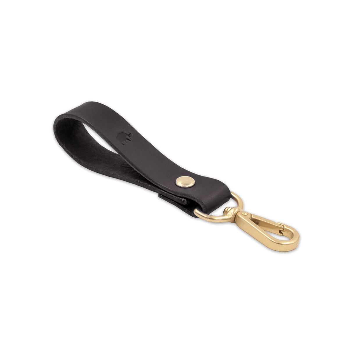 Black leather Loop Keychain 3/4 angle view with brass hardware and hand-pressed Woolly Made logo.