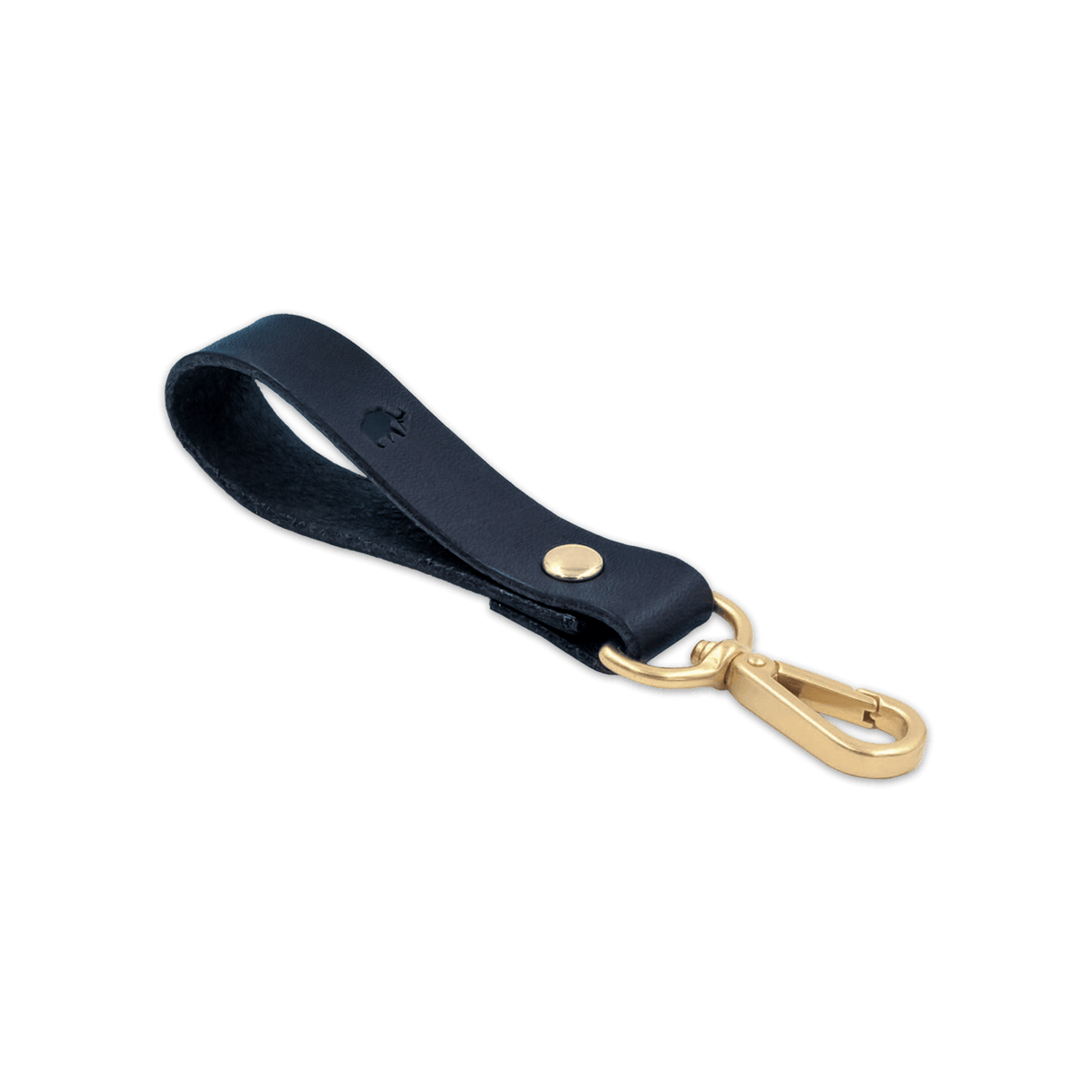 Navy leather Loop Keychain 3/4 angle view with brass hardware and hand-pressed Woolly Made logo.