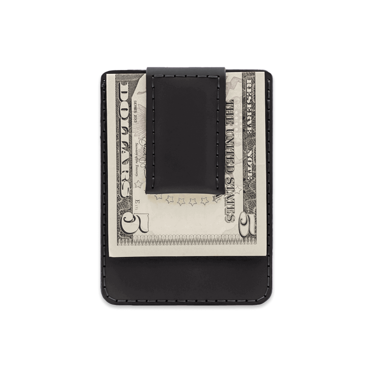 Black leather Money Clip Wallet with $5 folded bill.