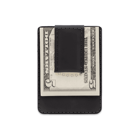 Black leather Money Clip Wallet with $5 folded bill.