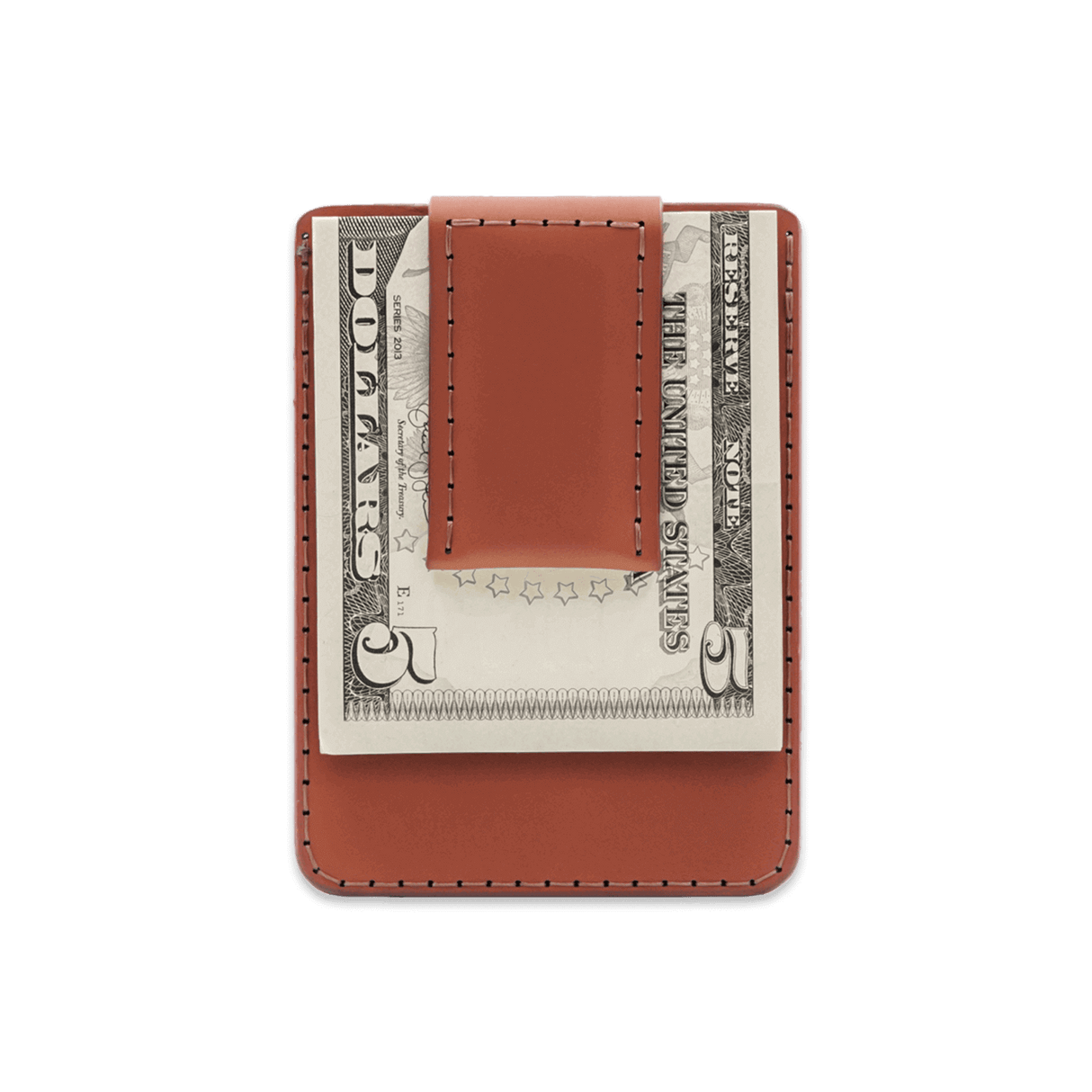 Brown leather Money Clip with $5 folded bill.