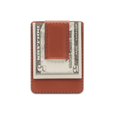 Brown leather Money Clip with $5 folded bill.