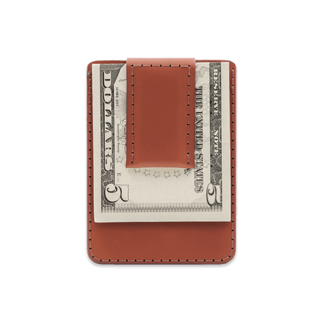 Brown leather Money Clip with $5 folded bill.