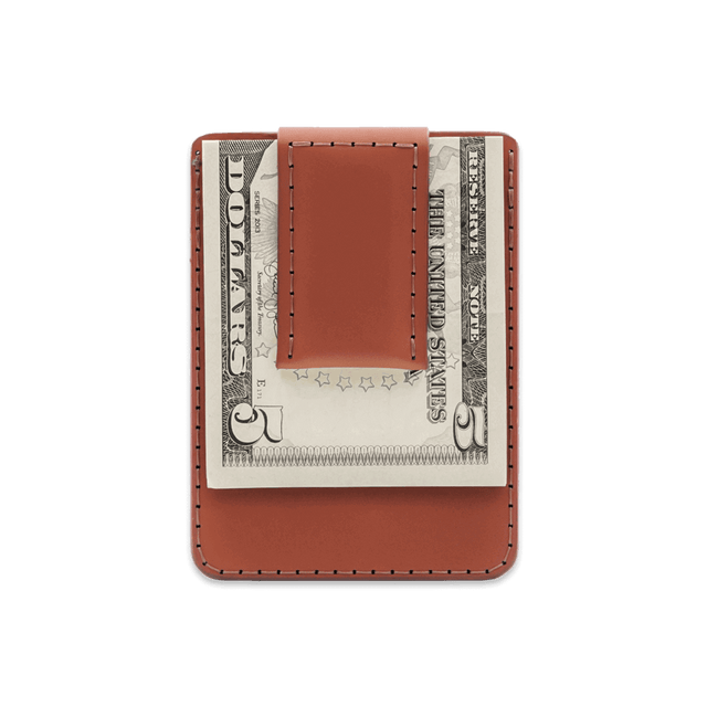 Brown leather Money Clip with $5 folded bill.