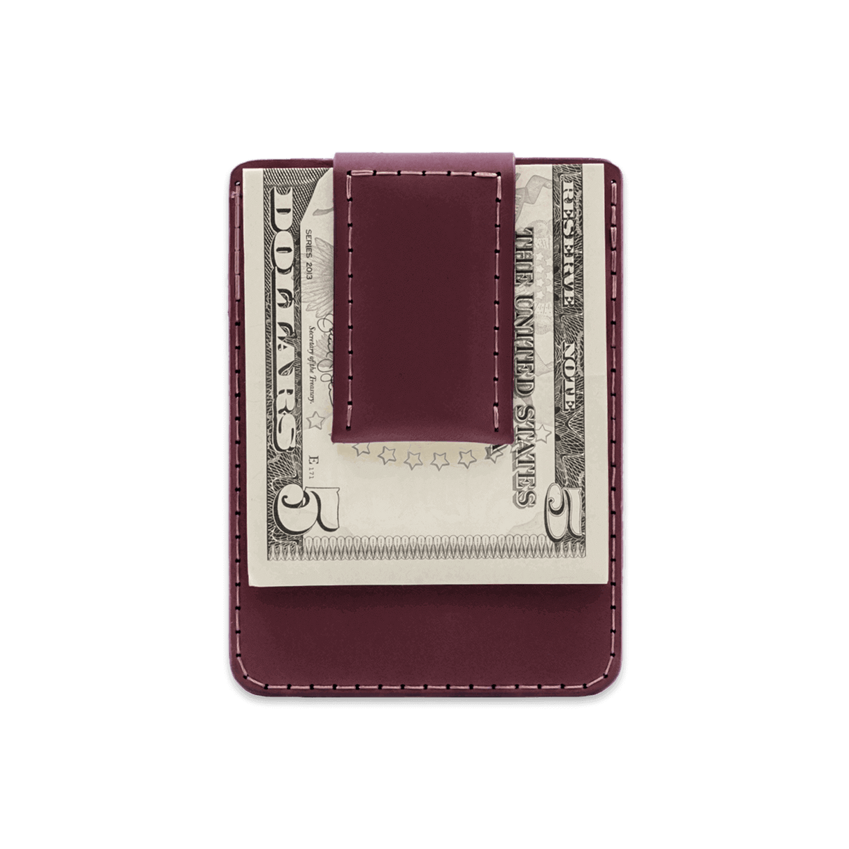 Burgundy leather Money Clip Wallet with $5 folded bill.