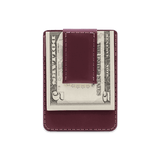 Burgundy leather Money Clip Wallet with $5 folded bill.