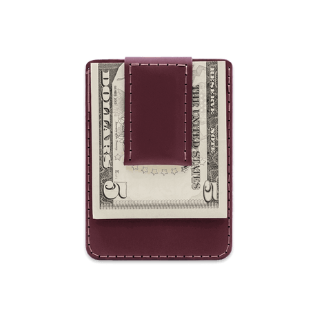 Burgundy leather Money Clip Wallet with $5 folded bill.