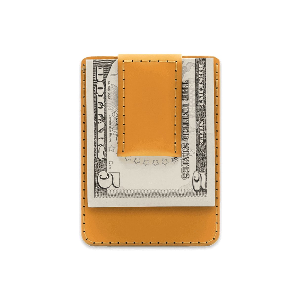 Gold leather Money Clip Wallet with $5 folded bill.