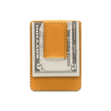 Gold leather Money Clip Wallet with $5 folded bill.