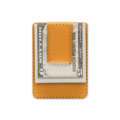 Gold leather Money Clip Wallet with $5 folded bill.