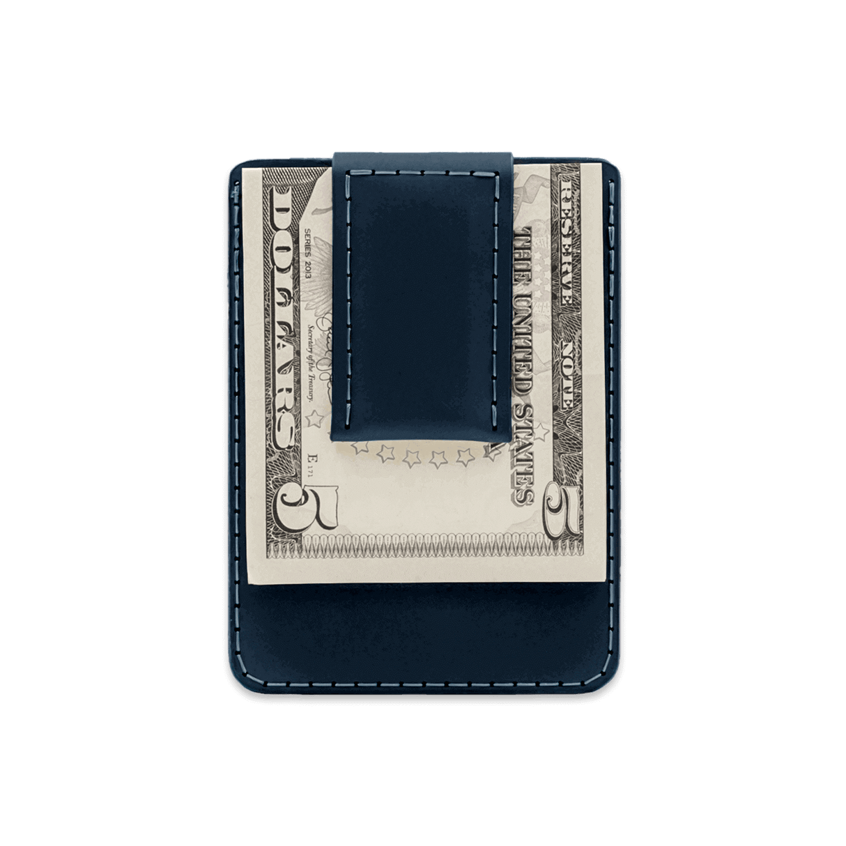 Navy leather Money Clip Wallet with $5 folded bill.