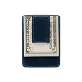 Navy leather Money Clip Wallet with $5 folded bill.