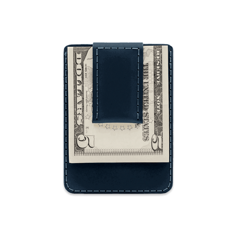 Navy leather Money Clip Wallet with $5 folded bill.