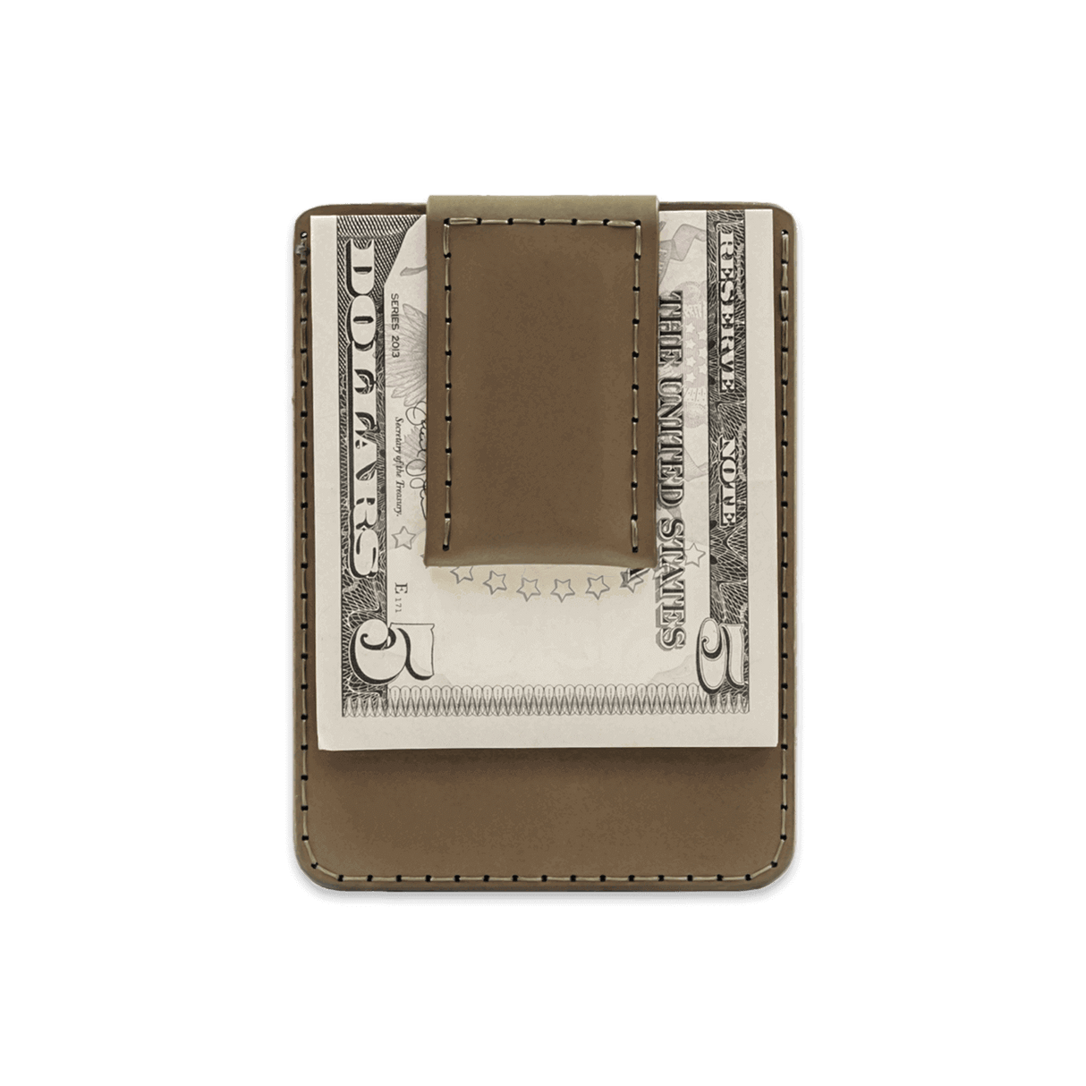 Olive leather Money Clip Wallet with $5 folded bill.