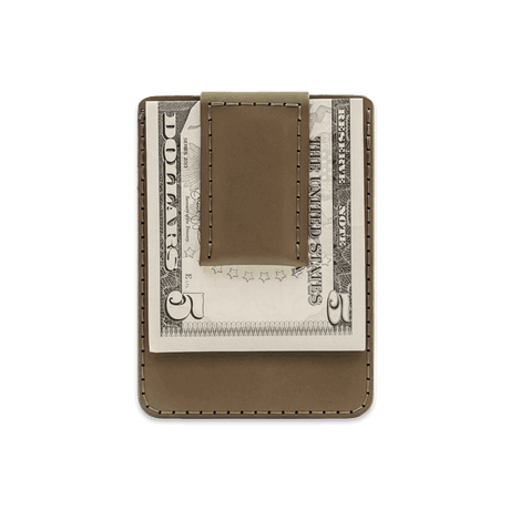 Olive leather Money Clip Wallet with $5 folded bill.