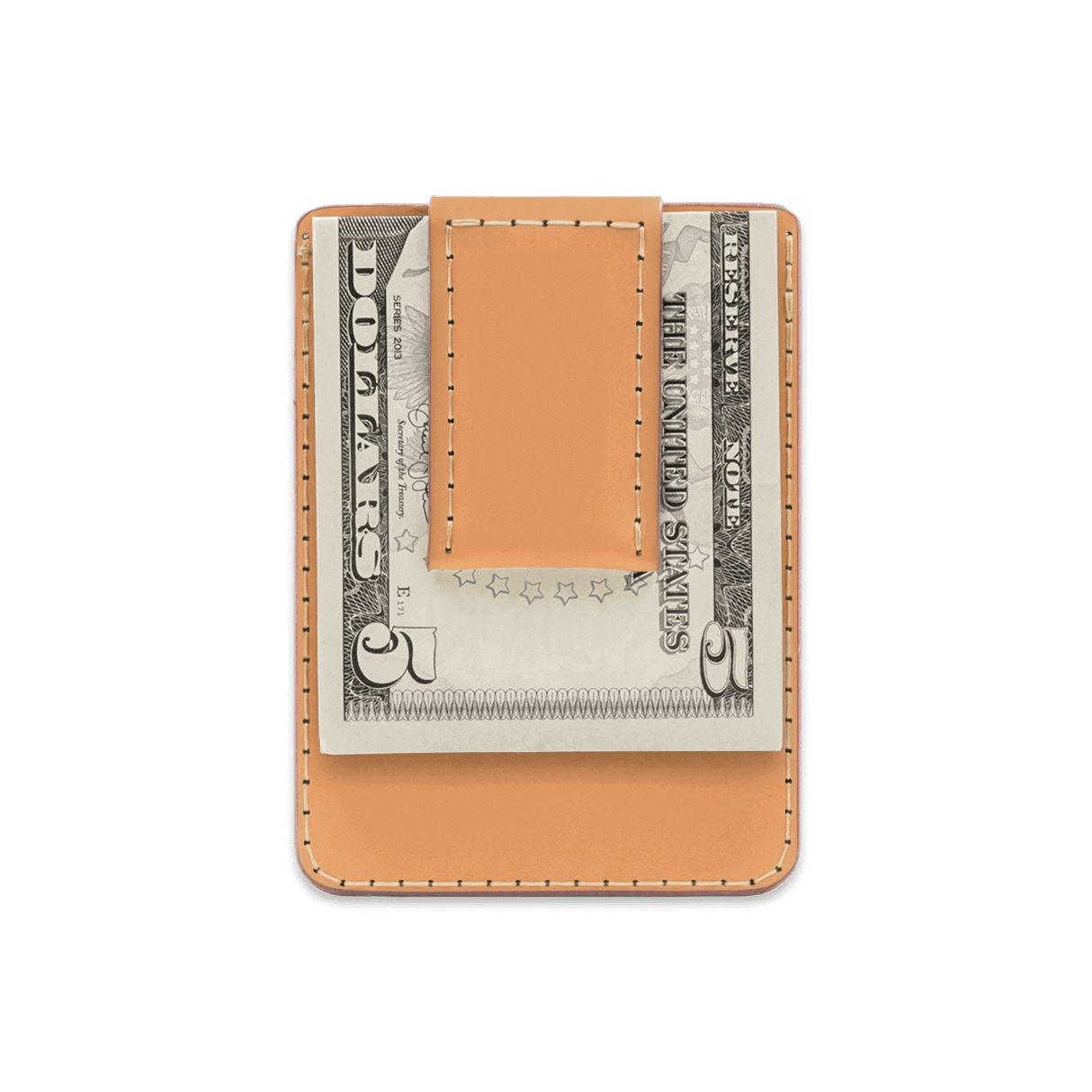 Tan leather Money Clip Wallet with $5 folded bill.