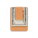 Tan leather Money Clip Wallet with $5 folded bill.