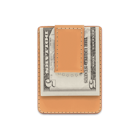 Tan leather Money Clip Wallet with $5 folded bill.