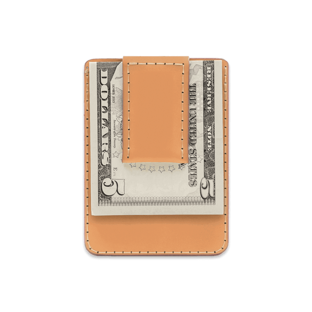 Tan leather Money Clip Wallet with $5 folded bill.