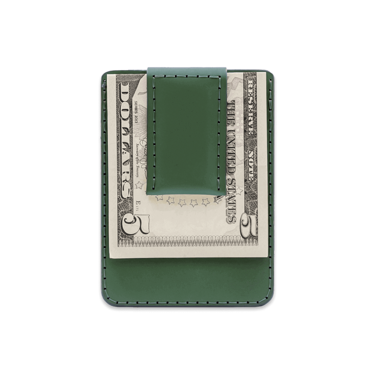 Green leather Money Clip Wallet with $5 folded bill.