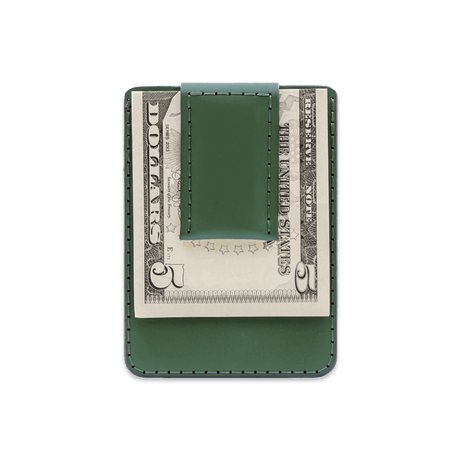 Green leather Money Clip Wallet with $5 folded bill.